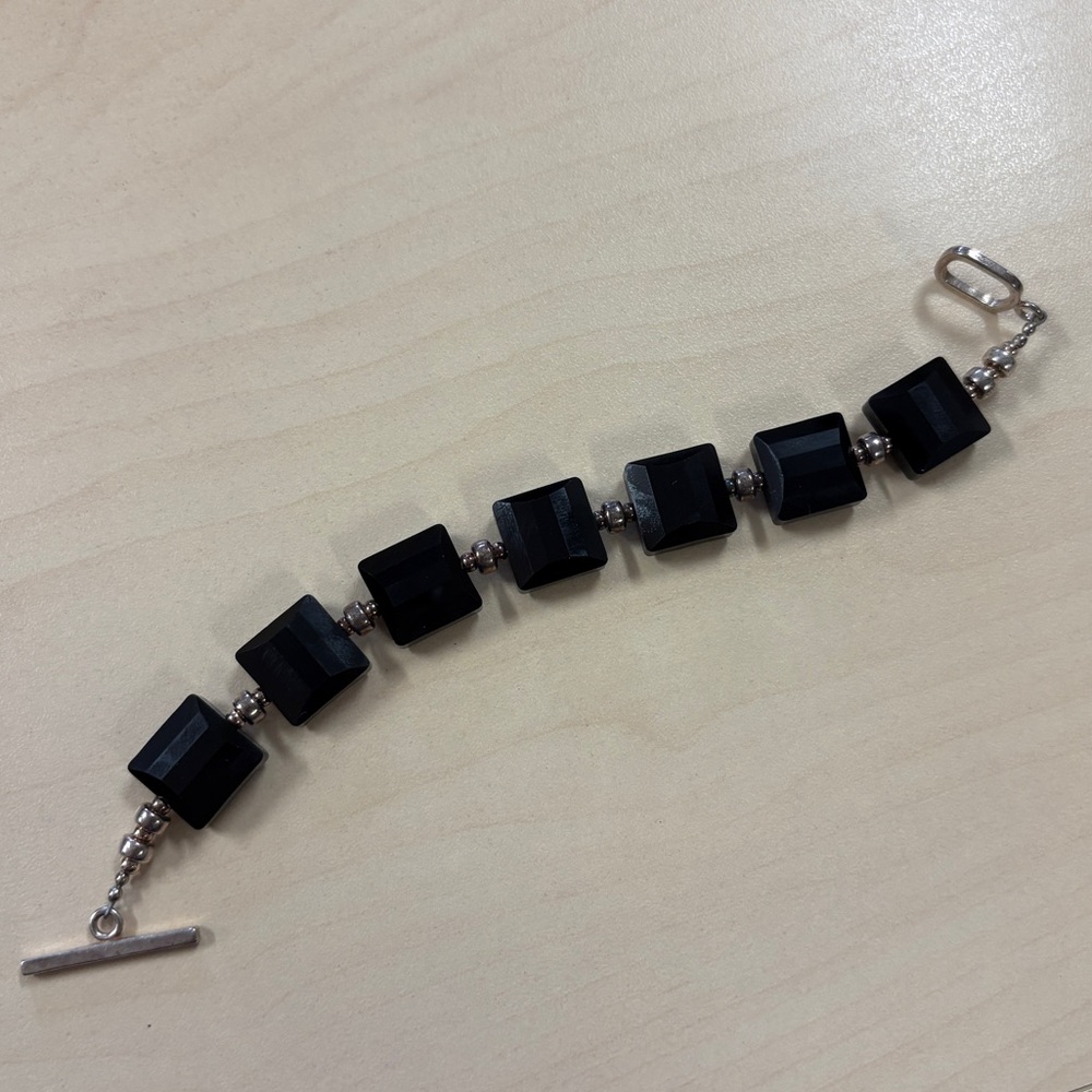 Crystal and Sterling Silver Black Cube Beaded Bracelet
